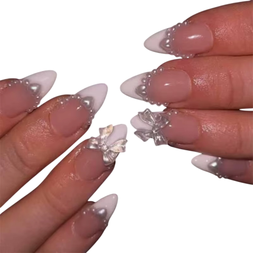 Unghie artificiali francesi decorate forma mandorla perle 3D e fiocchi aspetto elegante 12 taglie manicure delicata 24 pezzi