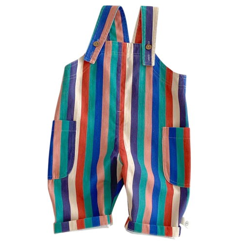 Unisex børns forårs stribede overall med lommer Farverig bomuldsoverall med knapper Legeroverall af bomuld og polyester til drenge