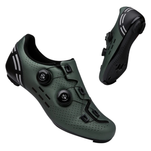 Unisex fietsschoenen met dubbele draa sluiting en perforatie groene nylon katoen EVA stevige constructie voor wegfietsen