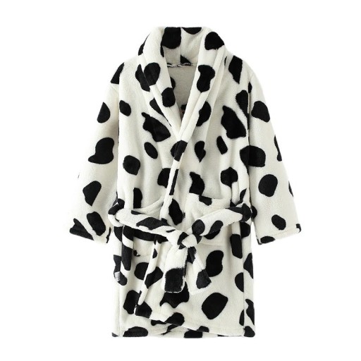 Unisex Kinder Frottee-Bademantel mit Bindeband Weißer Kinderbademantel mit schwarzen Punkten aus Baumwolle und Polyester