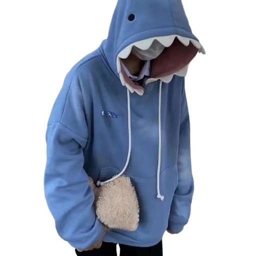 Unisex mikina s kapucí se žraločími zuby a očima Modrá bavlněno-polyesterová mikina s kapsami Pohodlný originální volnočasový styl