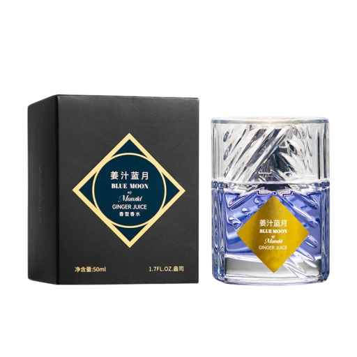 Unisex parfum Ginger Blue Moon met lichte fruitige geur 50 ml in een heldere glazen fles met blauwe inhoud met geur van citroen en musk voor dagelijks gebruik