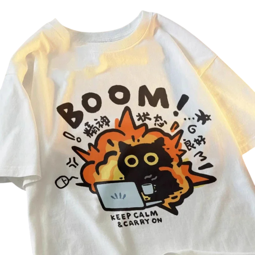 Unisex tričko s výbušnou potlačou mačky pri notebooku BOOM Oversize tričko s krátkym rukávom Vtipné tričko Keep Calm pre voľný čas a pohodu