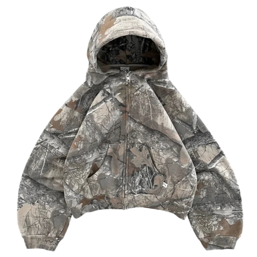 Unisex zip hoodie med hætte og lommer Grå camouflagemikina i let polyester Stilfuldt sportstøj til kvinder og mænd