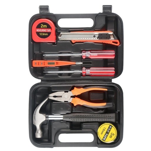 Universal Hand Tool Set 9 pcs in Plastic Case Hammer Pliers Screwdrivers Knife Tape Measure Tester Home Repairs Practical Equipment