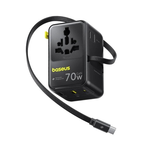 Univerzális utazási adapter 70W GaN kihúzható kábellel 2x AC 2x USB-A USB-C gyors töltés telefonhoz, táblagéphez, laptophoz