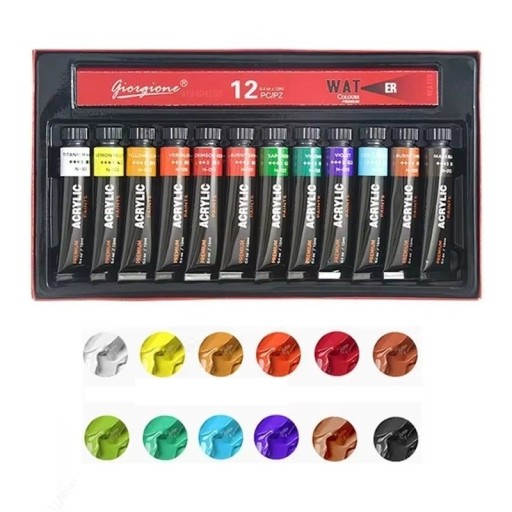 Univerzální akrylové barvy 12 barev v tubách 12 ml na plátno dřevo kůži látku karton papír a MDF pro řemesla dekorace i uměleckou malbu