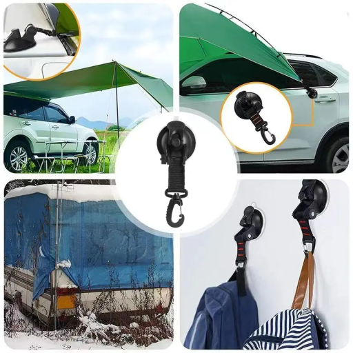 Upevňovacie háčiky na stan s prísavkou 2 ks Prenosné háčiky na auto aj karavan Prísavka 8 cm Závesný háčik Dĺžka 17 cm Kempingový doplnok