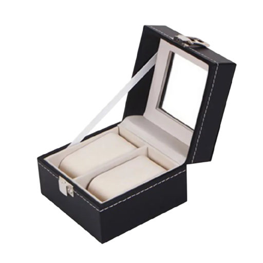 Ureæske med 2 slotte og lås 11x11x8 cm PU læder sort opbevaringsboks til to ure med puder