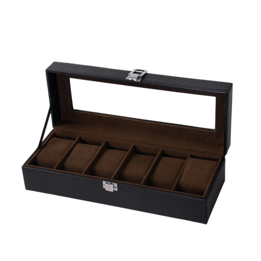Ureæske med 6 rum 30x11x8 cm PU læder med gennemsigtigt låg til opbevaring og udstilling af ure derhjemme