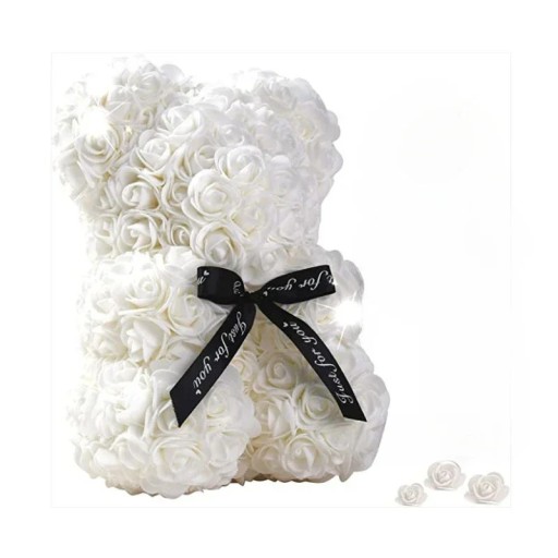 Ursuleț din trandafiri artificiali cu panglică neagră Figurină de flori lucrată manual Cadou de Valentine&#39;s Day Decor romantic Decorație interioară de lux 25 cm