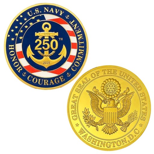 US Navy Amerikai Haditengerészet 250. Évfordulós Emlékmű Érme Kétoldalas 4 cm Aranyozott Fém Horgony és az Egyesült Államok Nagy Pecsétjének Domborművével