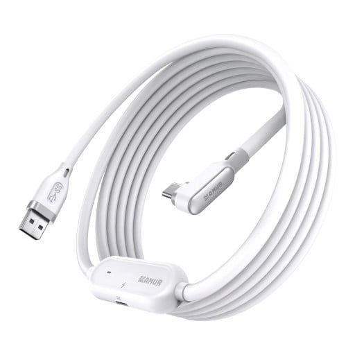USB-A - USB-C -liitäntäkaapeli 18 W latauksella ja kulmaliittimellä valkoisena Quest 3/3S/2/Pro ja Pico 4/Ultra -laitteille PC:lle ja SteamVR:lle