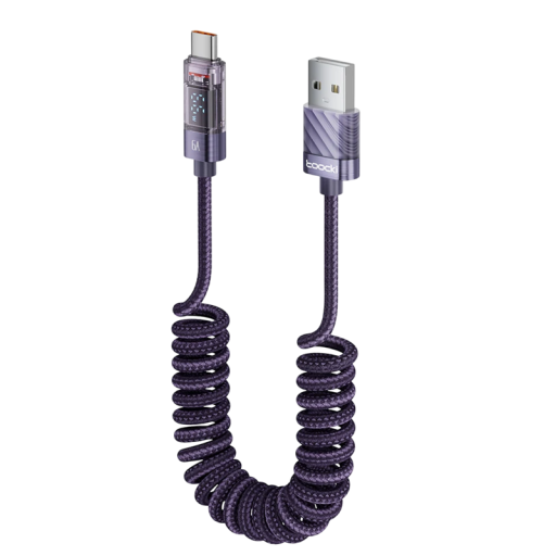 USB C til USB A hurtigopladerkabel 1,8 m 66W 6A fleksibelt fjederkabel med LED-skærm USB 2.0 datakabel 480 Mbps Type-C opladekabel