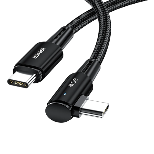USB C - USB C - pikalatauskaapeli 1 m 60 W 90° kyynärpääliitin PD QC4.0 LED-valo tiedonsiirtoon 480 Mbps joustava latauskaapeli