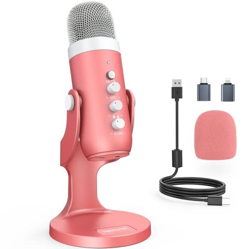 USB kondenzátorový mikrofon s čipem DSP ovládání MUTE a echo i hlasitosti otočný 360 stupňů zinkové tělo růžový na stream a nahrávání