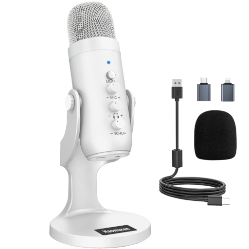USB kondenzátorový mikrofon s ovládáním MUTE a echo i hlasitosti otočný 360 stupňů kovová konstrukce bílý na stream a nahrávání