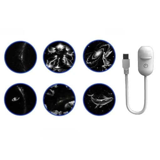 USB LED projektor nočnej oblohy s 6 vymeniteľnými diskami galaxie búrka Saturn veľryba anjel biely do auta a izby nočné svetlo