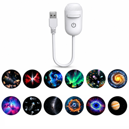 USB LED Starry Sky Projector with 12 Interchangeable Discs, White, Flexible Arm, for Car and Room, Night Light with Galaxy Patterns