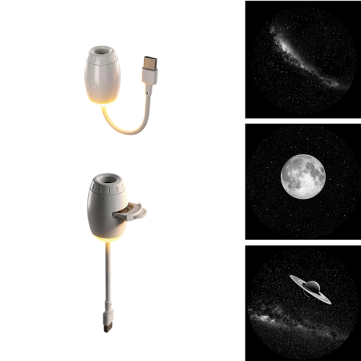 USB projektor nočnej oblohy a mini lampička 2v1, 3 vymeniteľné disky Saturn/Mesiac/galaxia, ohybné rameno, biely, do auta aj izby
