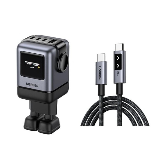 USB töltő robot 100W + 2 m USB-C kábel GaN EU dugóval 3x USB-C 1x USB-A fekete kompakt mobilhoz és laptophoz