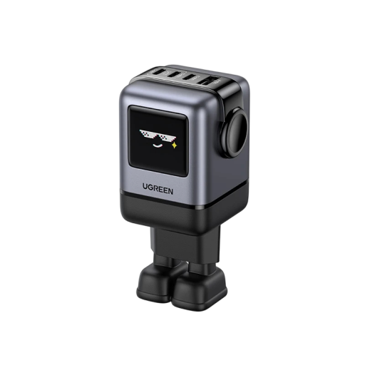 USB töltő robot 100W GaN EU dugóval 3x USB-C 1x USB-A érzelmekkel ellátott kijelző fekete kompakt telefonhoz, laptophoz, táblagéphez