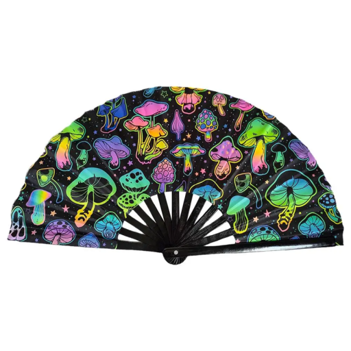 UV-fluorescerende opvouwbare ventilator 33 cm Zwarte bamboe en stoffen ventilator Kleurrijke paddenstoelen Psytrance-accessoire