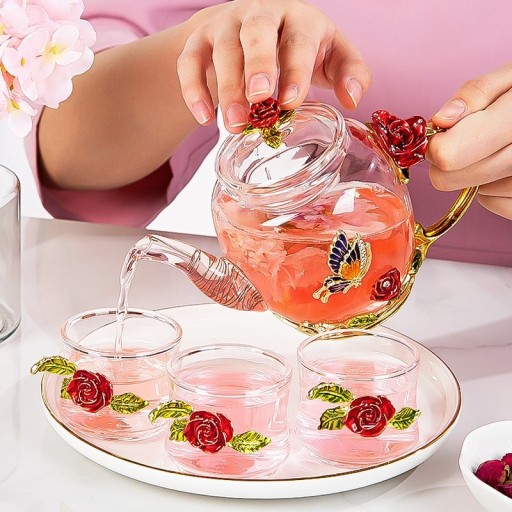 Üveg teáskanna rózsákkal