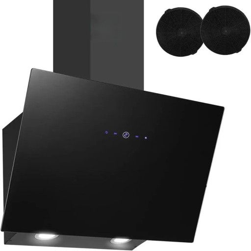 Væghængt emhætte skrå 550 m³/h 38,5 x 59,5 x 73,5 cm sort glas med touch betjening og LED belysning energiklasse A++ til køkken