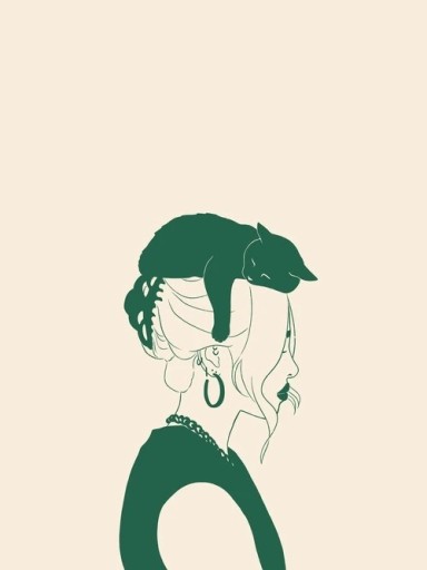 Væghængt plakat illustration grøn kat på hovedet af kvinde 50x70 cm beige lærred uden ramme dekoration til stuen soveværelse