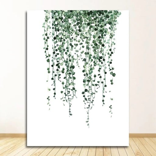 Vægmaleri af grønne hængende planter akvarelmotiv 30x40 cm lærred uden ramme botanisk dekoration til stuen