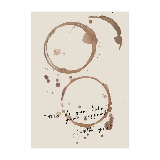 Vægplakat med kaffemotiv med pletter og citatet „How do you like your coffee?“ 30 × 42 cm tryk på lærred brune-beige uden ramme