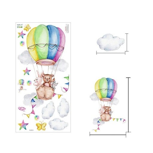 Vægsamling 92 x 42 cm Bjørn, mus og kanin i en flyvende ballon Gennemsigtig mat vinyl Sødt dekoration til børneværelset