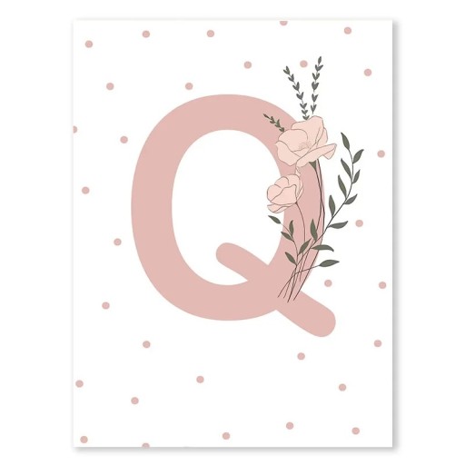 Väggplakat 40 x 50 cm Minimalistiskt rosa bokstav „Q“ med blomma Tygdekoration utan ram Bild till flickrum