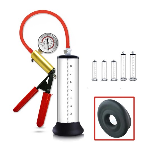 Vakuum penispumpe 22,9x6,3 cm med trykmåler, udskiftelig cylinder og manuel pumpe, diskret emballage