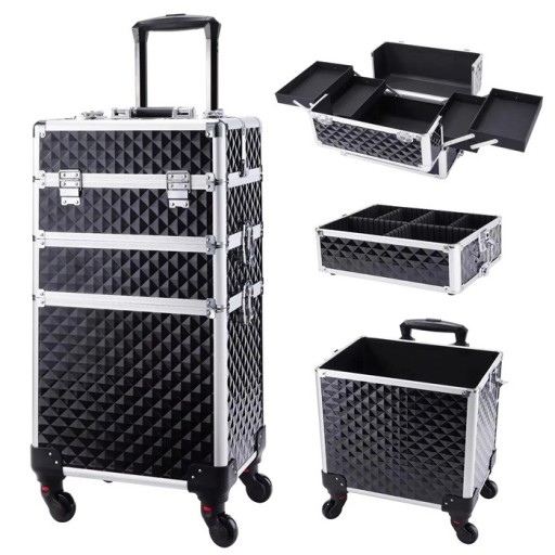 Valigetta per trucco portatile 3 in 1 con ruote 34 x 24 x 41 cm Valigetta cosmetica rimovibile e bloccabile in PVC Organizzatore professionale