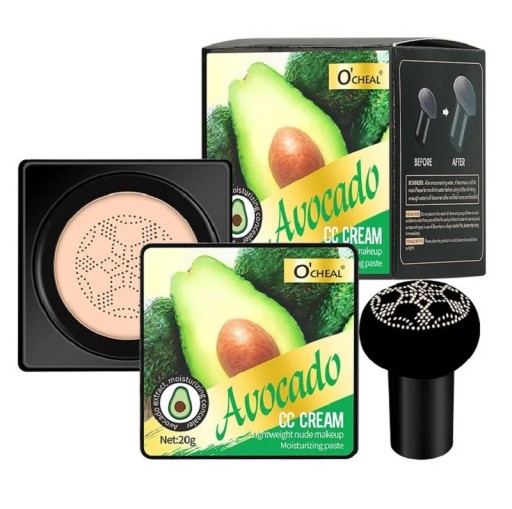 Vandfast, fugtgivende CC-creme med svamp. Lysnende creme, der dækker ujævnheder. Langtidsholdbar foundation med avocadoekstrakt.