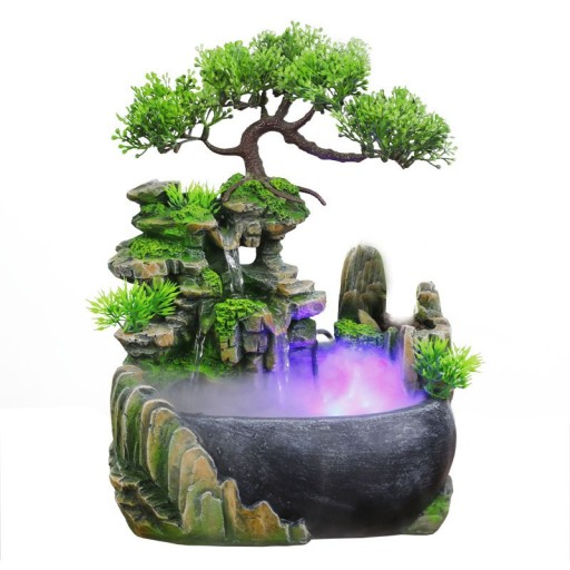 Vandfontæne med LED-lys og tåge EU-stik Lysende Bonsai-dekoration Feng Shui-rumfontæne med stenbed og træ 28 x 20 x 15 cm
