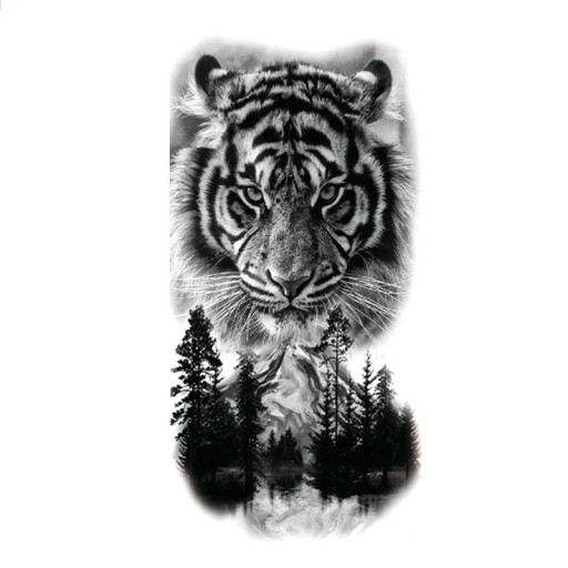 Vandtæt midlertidig tatovering 21 x 11,4 cm Tiger, bjerge og skov Dyremotiv Nem påføring Holdbar tatovering Naturligt design Symbol på styrke og frihed