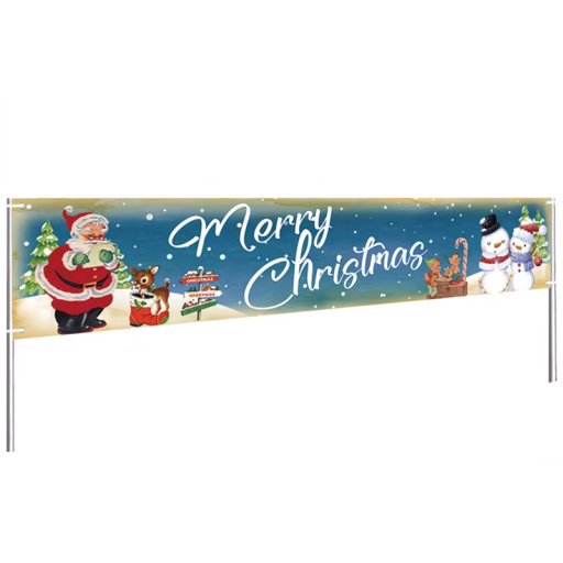 Vánoční banner 200 x 40 cm Modrý s motivem Santy a sněhuláků Polyesterový závěsný nápis Merry Christmas Dekorace na zeď či dveře