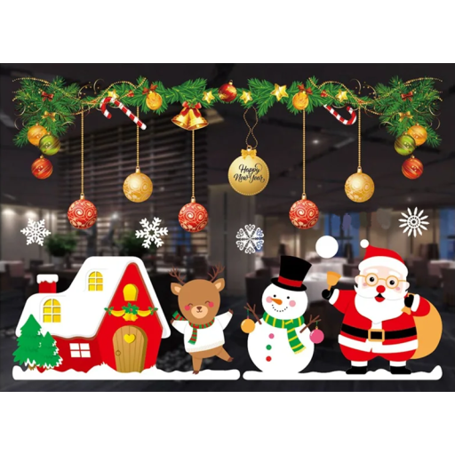 Vánoční samolepky na okno 55 x 75 cm PVC dekorace Santa Claus sob sněhulák zasněžený dům sněhové vločky a větvičky s ozdobami