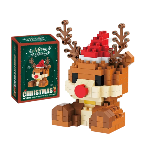 Vánoční stavebnice 6,3 x 4 x 3,6 cm 194 dílků Vánoční sob s červeným nosem a čepicí Detailní mini model pro sváteční dekoraci a skládání