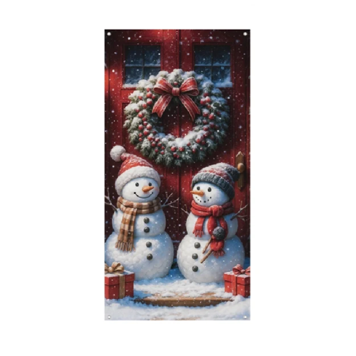 Vánoční svislý banner 180 x 90 cm Dva sněhuláci Dekorační závěsný polyesterový banner na stěnu nebo dveře Vánoční výzdoba interiéru