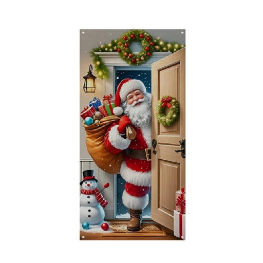 Vánoční svislý banner 180 x 90 cm Polyesterový Santa s dárky u dveří Dekorace na dveře Závěsný vánoční plakát na zeď interiér exteriér