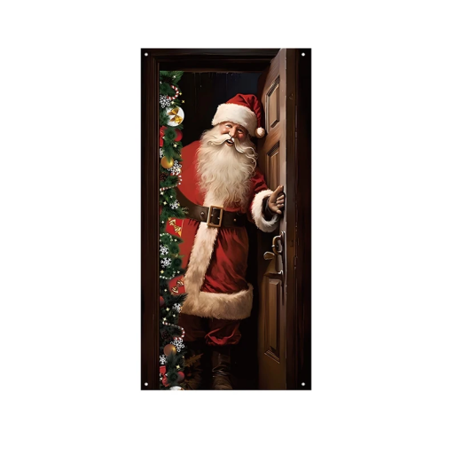 Vánoční svislý banner Santa ve dveřích 180 x 90 cm Dekorativní závěsný banner z polyesteru Vánoční výzdoba na dveře i stěnu