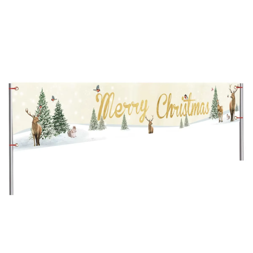 Vánoční venkovní banner 200 x 40 cm Zasněžená krajina se stromy a jeleny s nápisem Merry Christmas Voděodolná dekorace na plot i zeď