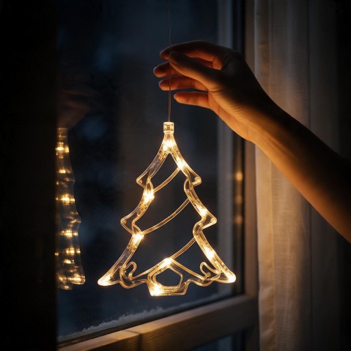Vánoční Závěsné LED Světlo Stromeček 20 x 16 cm Na Baterie AAA S Přísavkou Svítící Vánoční Strom Teplé Bílé Na Okno Dveře i Výlohu