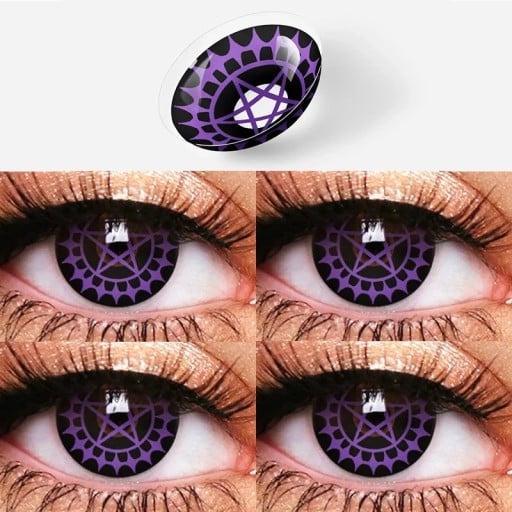 Värikkäät mustat piilolinssit violetilla pentagrammilla ja hämähäkkiverkkomuotoilulla pehmeä hydrogeelinen cosplay-efekti halkaisija 14.5 mm 6 kuukautta