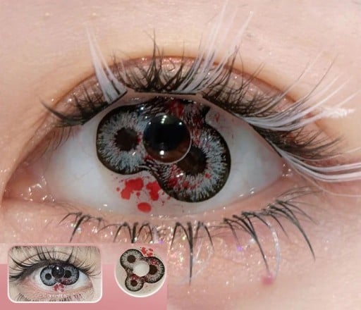 Värikkäät piilolinssit kolminkertaisen pupillin efektillä, halkaisija 14,5 mm, hydrogeeli, ilman dioptrioita cosplay- ja Halloween-käyttöön