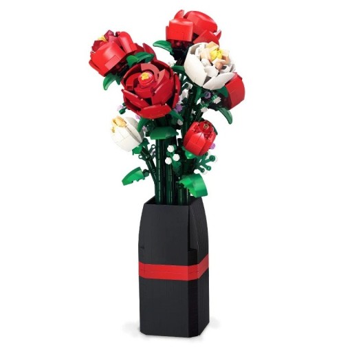 Vase de construction avec des roses rouges et blanches 878 pièces 36 x 20 cm Bouquet pliable Décoration intérieure Kit créatif Décoration florale